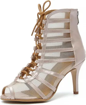 YKXLM Latin Dance Boots Salsa Bachata Performance Women Ballroom Lace-up Ankle Open Toe Dance Shoes