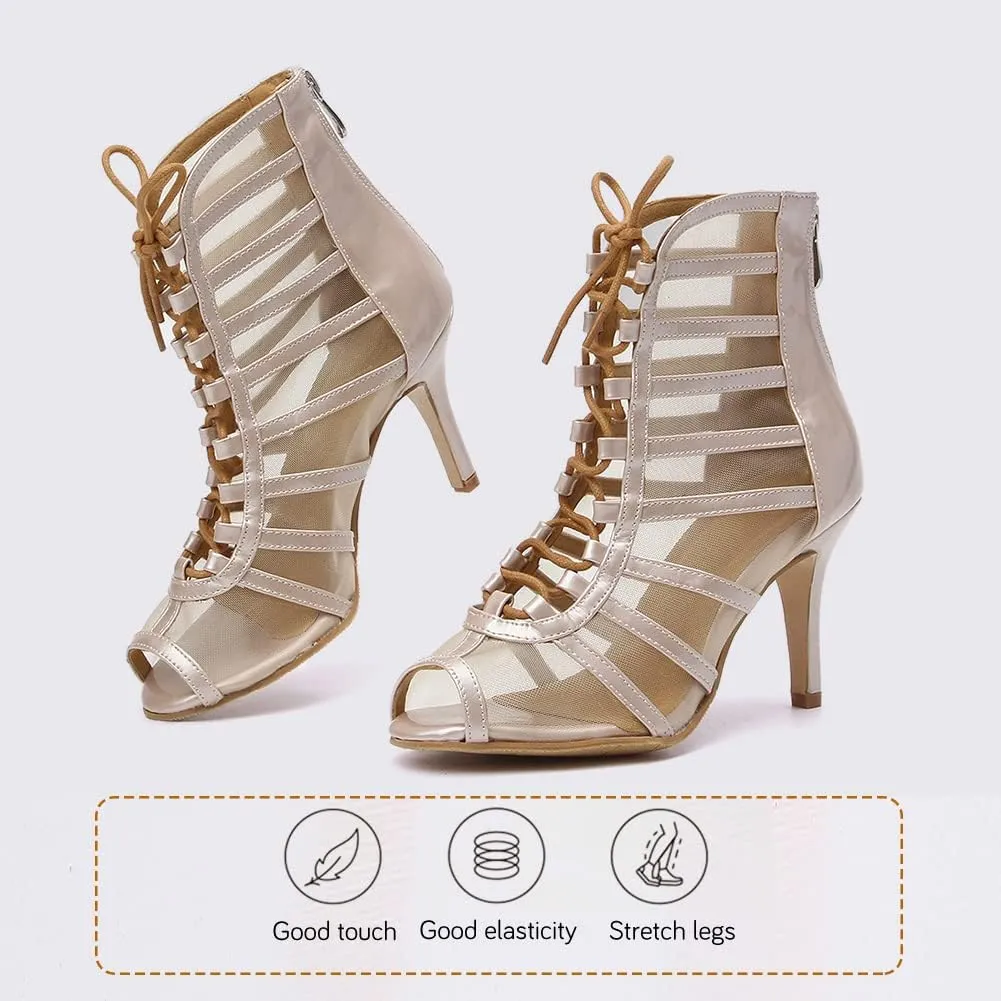 YKXLM Latin Dance Boots Salsa Bachata Performance Women Ballroom Lace-up Ankle Open Toe Dance Shoes