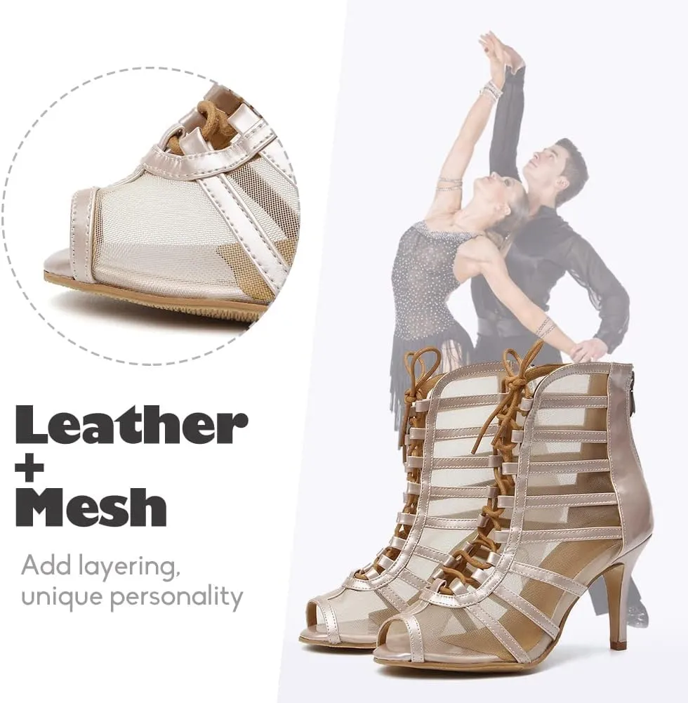 YKXLM Latin Dance Boots Salsa Bachata Performance Women Ballroom Lace-up Ankle Open Toe Dance Shoes