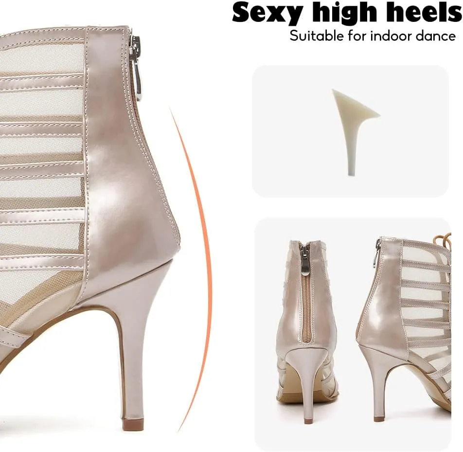 YKXLM Latin Dance Boots Salsa Bachata Performance Women Ballroom Lace-up Ankle Open Toe Dance Shoes