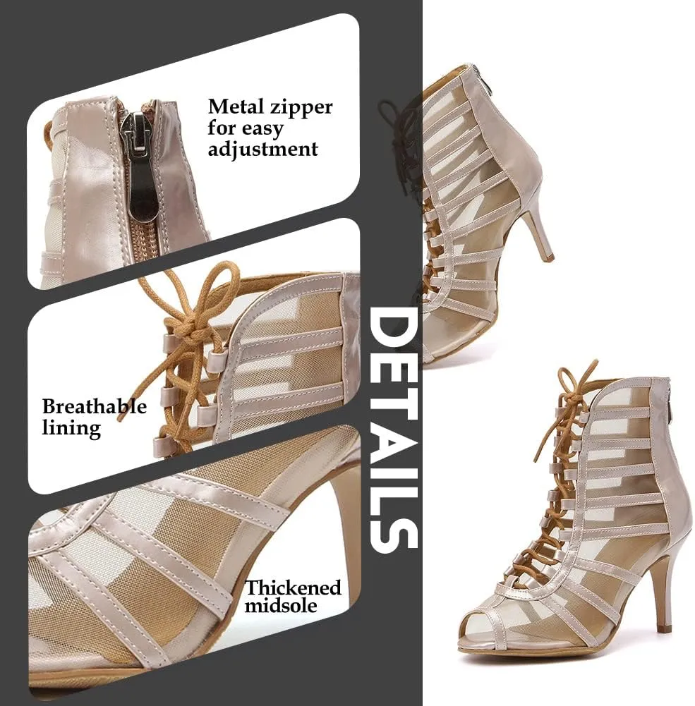 YKXLM Latin Dance Boots Salsa Bachata Performance Women Ballroom Lace-up Ankle Open Toe Dance Shoes