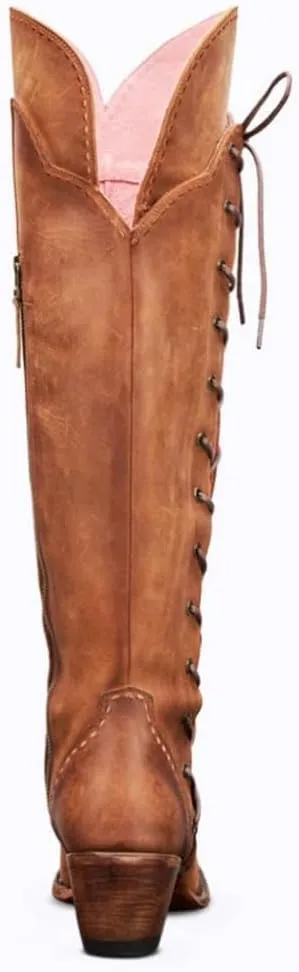 Yolkomo Cowboy Boots for Women Wide Calf Embroidered Western Cowgirl Boots Pointed Toe Over-The-Knee High Lace-Up Boots