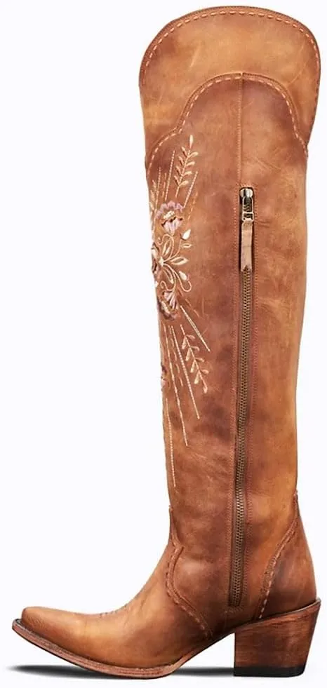 Yolkomo Cowboy Boots for Women Wide Calf Embroidered Western Cowgirl Boots Pointed Toe Over-The-Knee High Lace-Up Boots
