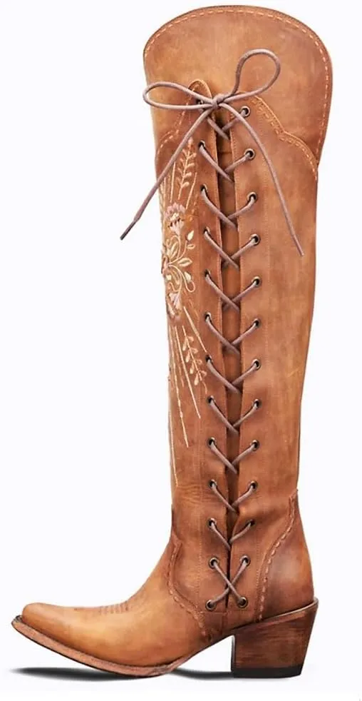 Yolkomo Cowboy Boots for Women Wide Calf Embroidered Western Cowgirl Boots Pointed Toe Over-The-Knee High Lace-Up Boots