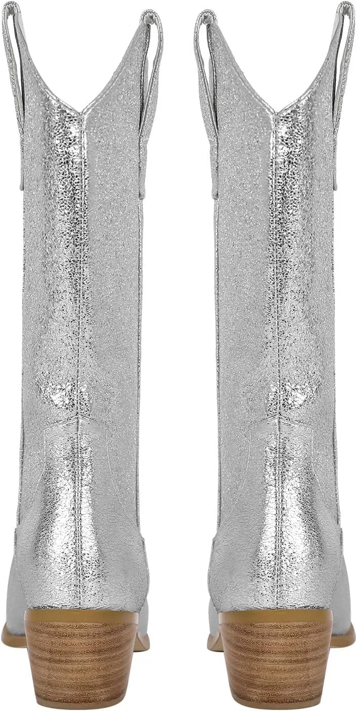 Yolkomo Cowboy Boots For Women Wide Calf Glitter Rhinestone Cowgirl Boots