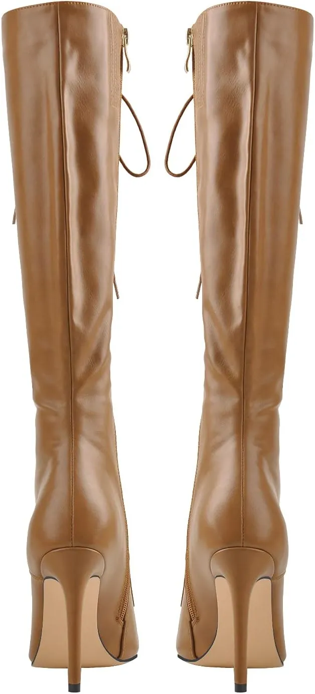 Yolkomo Women's Kneed High Boots Sexy Pointed Toe Stiletto Metallic Leather Boots With Buckle Strap