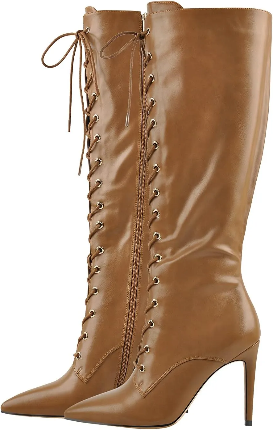 Yolkomo Women's Kneed High Boots Sexy Pointed Toe Stiletto Metallic Leather Boots With Buckle Strap