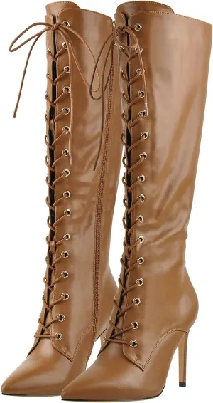 Yolkomo Women's Kneed High Boots Sexy Pointed Toe Stiletto Metallic Leather Boots With Buckle Strap