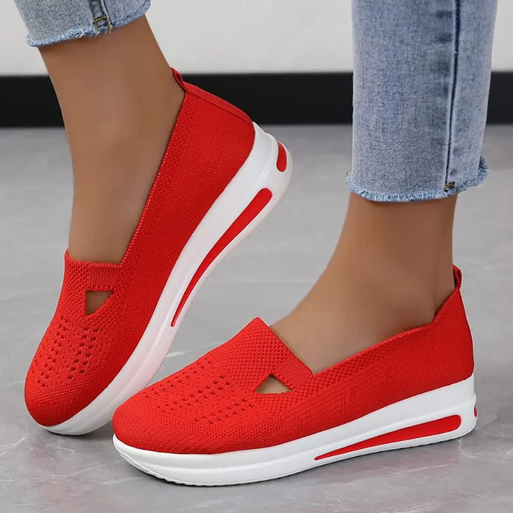 YSMIIH Women's Hollow Knit Casual Shoes Low Top Slip-ons Loafers Breathable Platform Sneakers