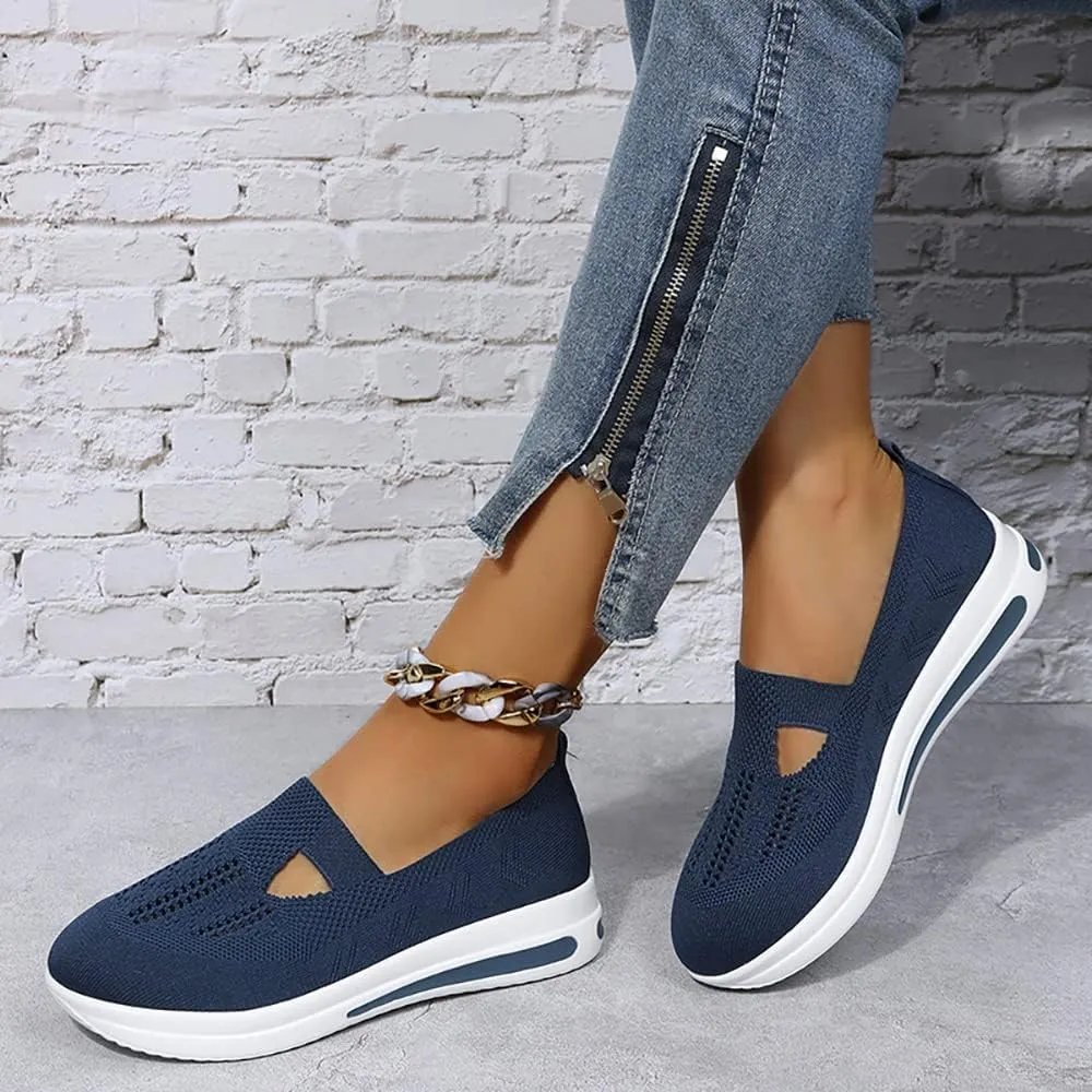 YSMIIH Women's Hollow Knit Casual Shoes Low Top Slip-ons Loafers Breathable Platform Sneakers