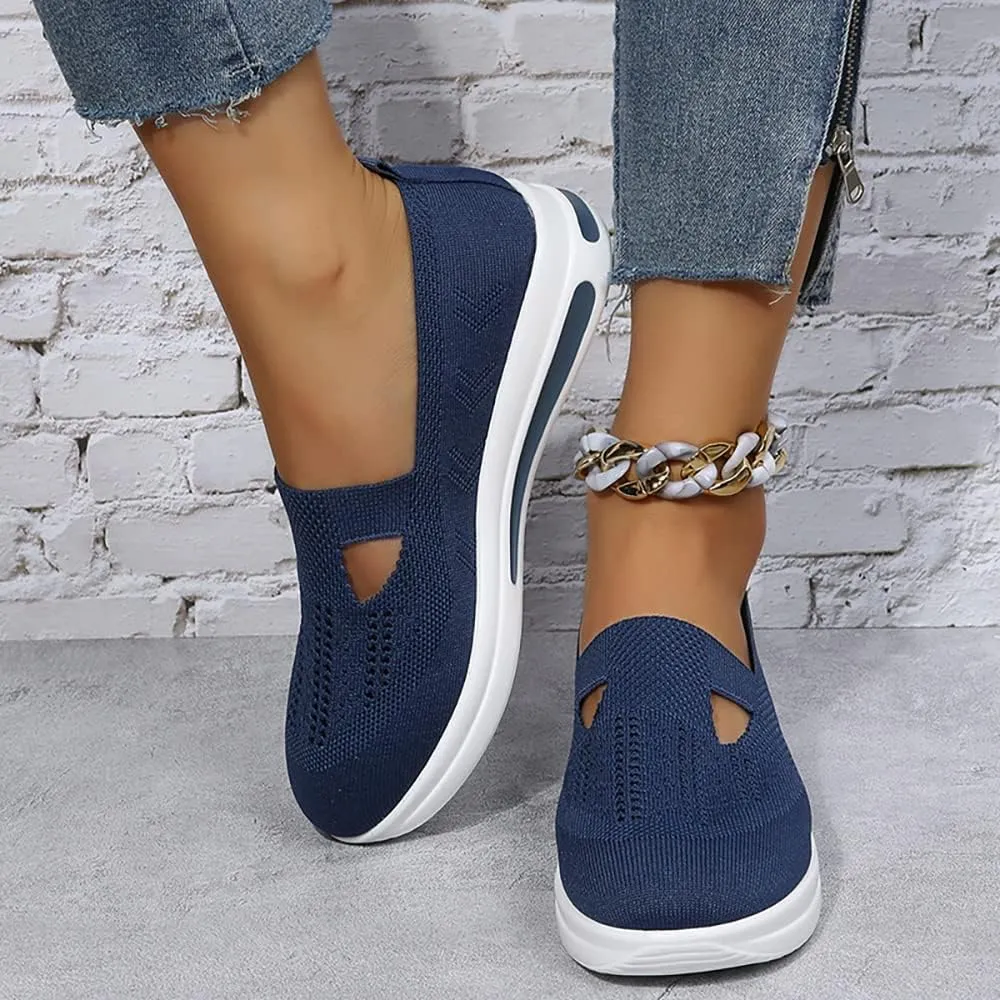 YSMIIH Women's Hollow Knit Casual Shoes Low Top Slip-ons Loafers Breathable Platform Sneakers