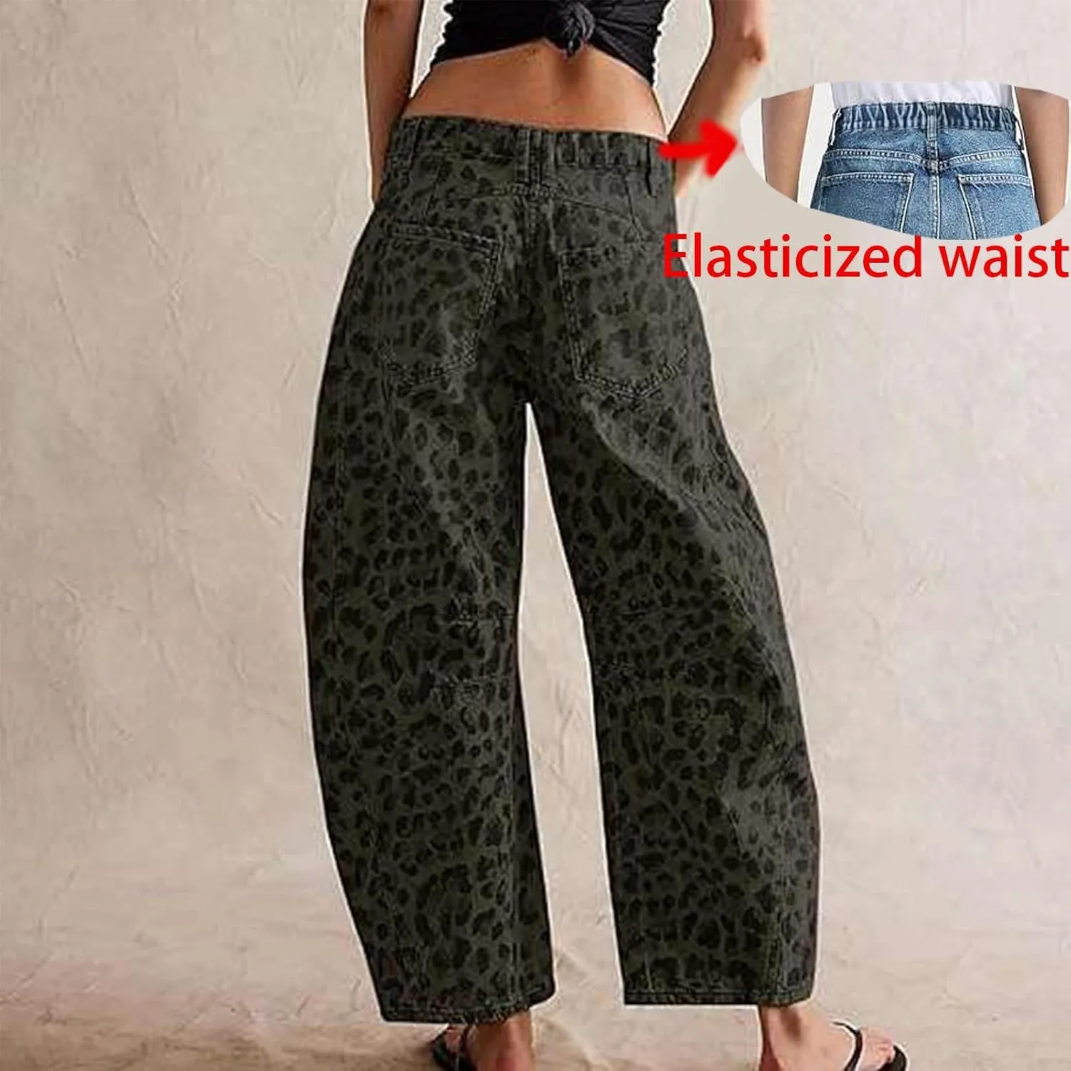 YSW Cheetah Barrel Jeans Women Leopard Print Jean Y2k Mid Rise Baggy Boyfriend Wide Leg Ankle Boho Pants