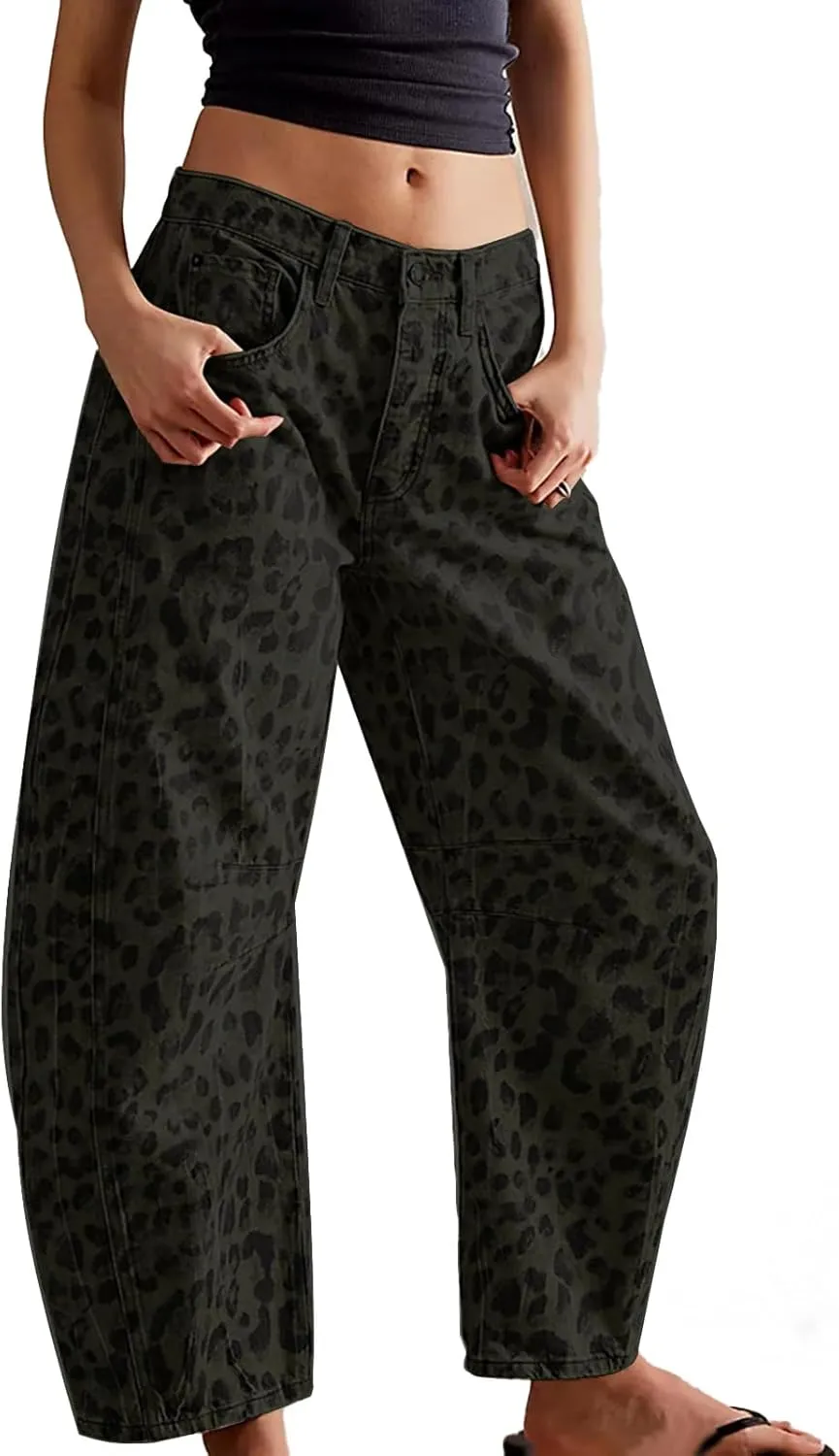 YSW Cheetah Barrel Jeans Women Leopard Print Jean Y2k Mid Rise Baggy Boyfriend Wide Leg Ankle Boho Pants
