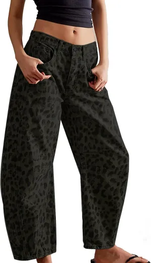 YSW Cheetah Barrel Jeans Women Leopard Print Jean Y2k Mid Rise Baggy Boyfriend Wide Leg Ankle Boho Pants