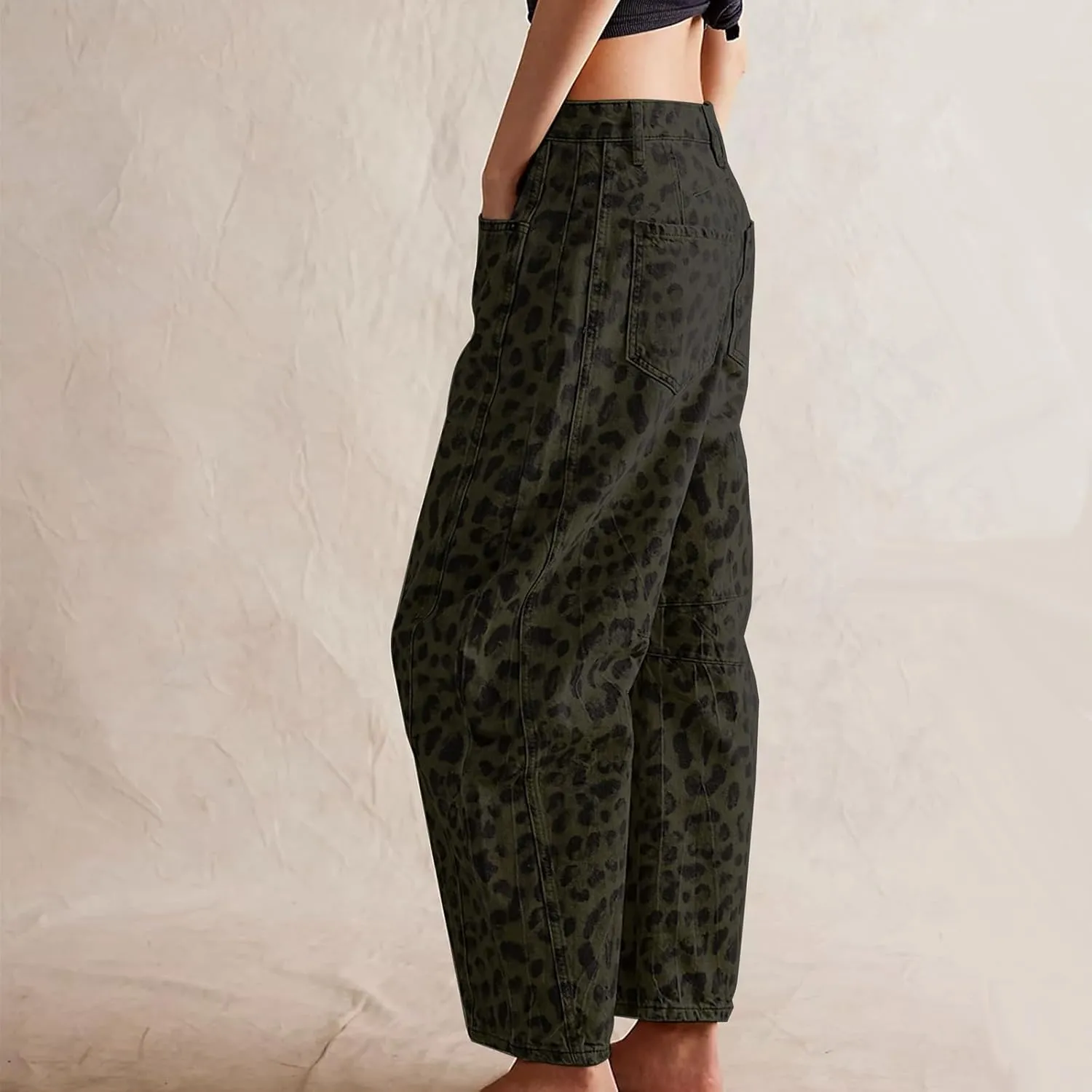 YSW Cheetah Barrel Jeans Women Leopard Print Jean Y2k Mid Rise Baggy Boyfriend Wide Leg Ankle Boho Pants