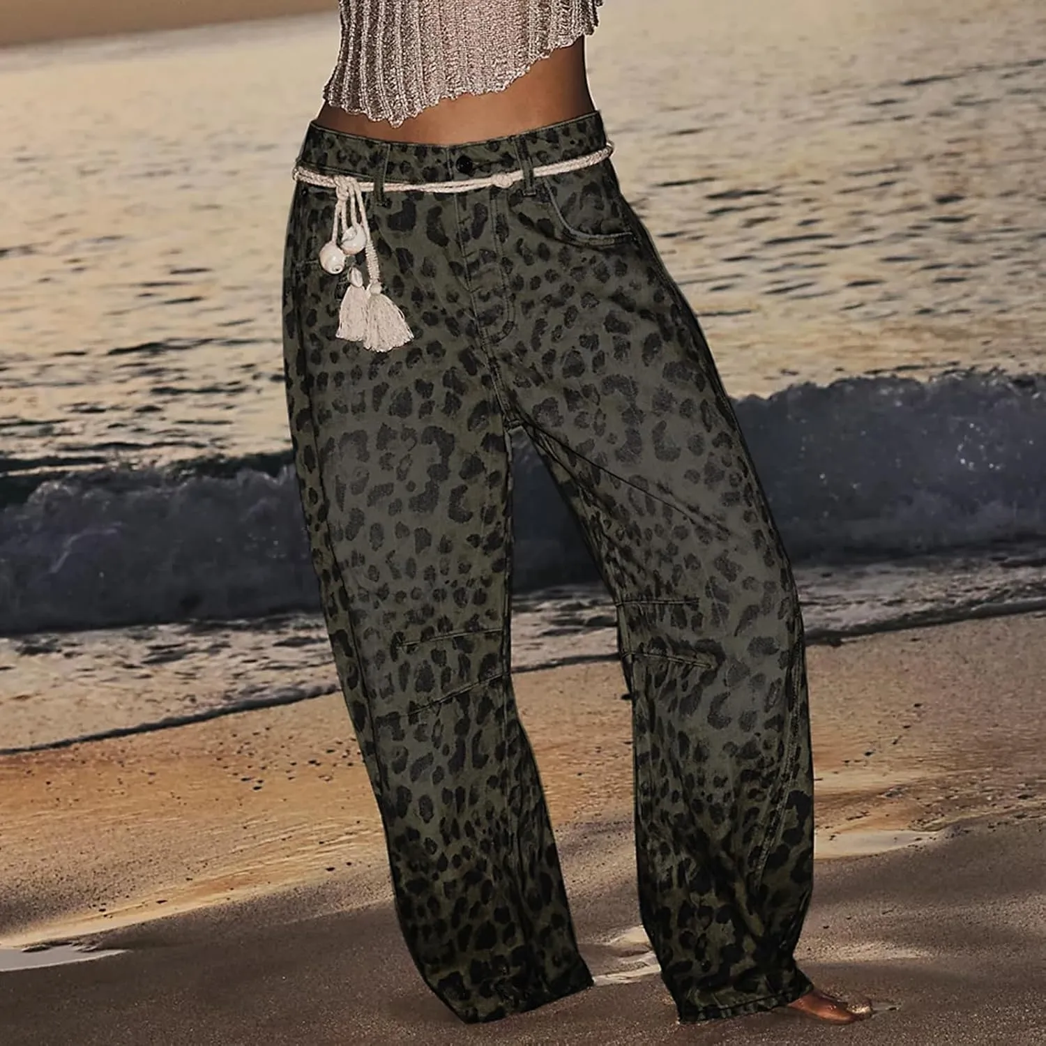 YSW Cheetah Barrel Jeans Women Leopard Print Jean Y2k Mid Rise Baggy Boyfriend Wide Leg Ankle Boho Pants