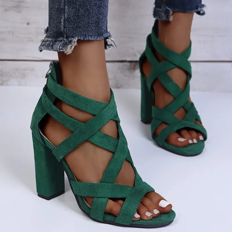 ZBYY Women's Ankle Strap Dress Pump Chunky High Heel Sandals Summer Crisscross Open Toe Block Heels Dress Pump Sandals