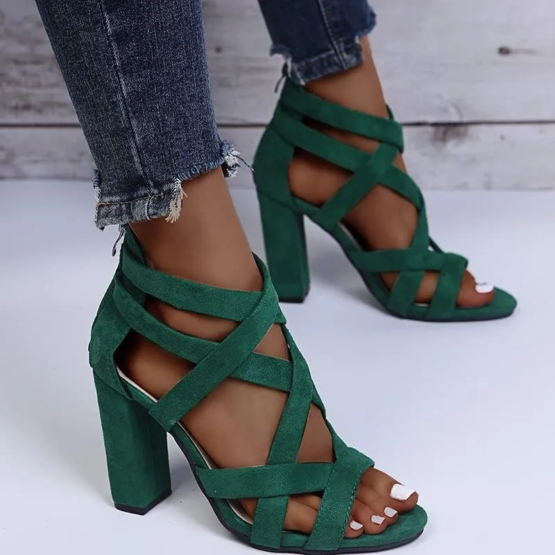 ZBYY Women's Ankle Strap Dress Pump Chunky High Heel Sandals Summer Crisscross Open Toe Block Heels Dress Pump Sandals