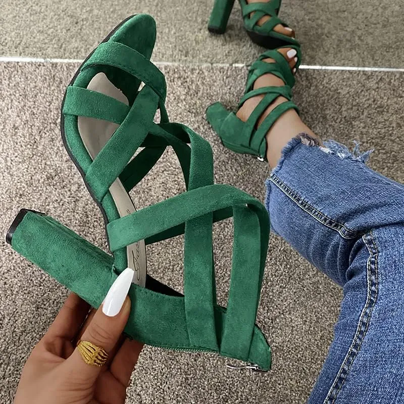 ZBYY Women's Ankle Strap Dress Pump Chunky High Heel Sandals Summer Crisscross Open Toe Block Heels Dress Pump Sandals