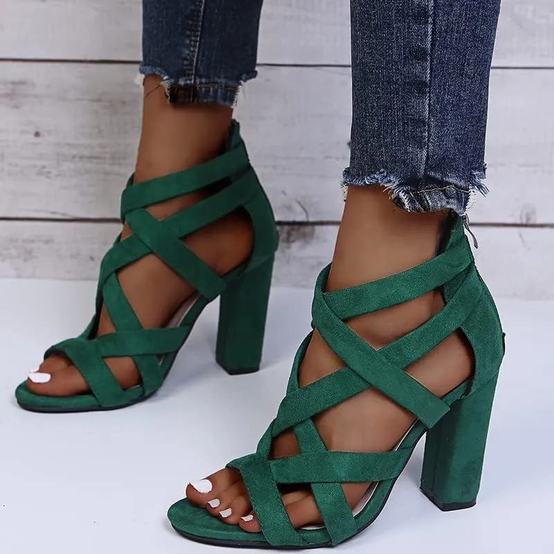 ZBYY Women's Ankle Strap Dress Pump Chunky High Heel Sandals Summer Crisscross Open Toe Block Heels Dress Pump Sandals