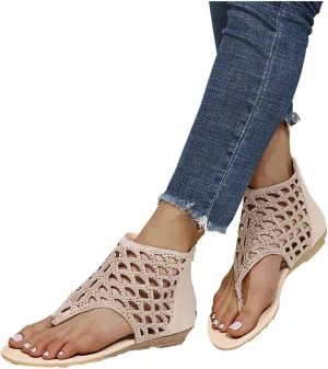 ZBYY Womens Gladiator Thong Flat Sandals Rhinestone Bohemian Beach Roman Flip Flops Sandals T-Strap Hollow Out Sandals