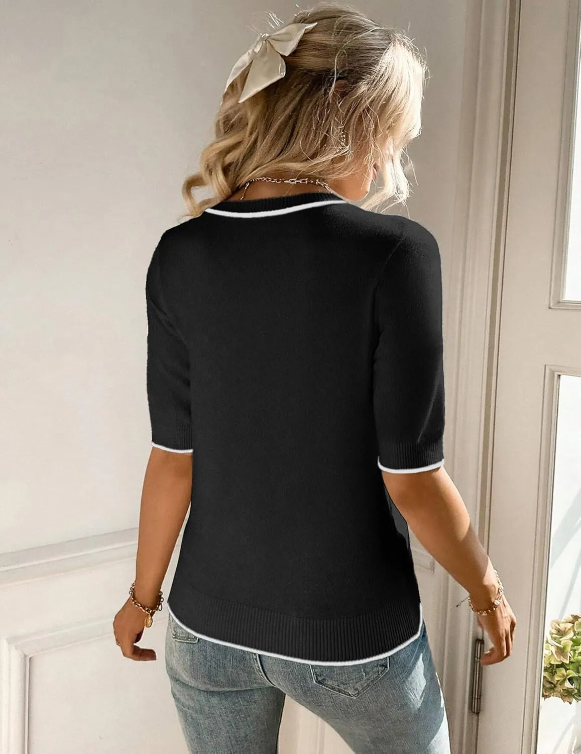 Zeagoo Women Short Sleeve Sweater Summer Crew Neck Dressy Casual Soft Knit Pullover Tops Trendy