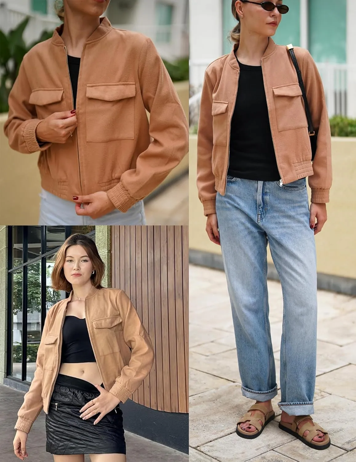 Zeagoo Womens Cropped Jacket Stand Collar Long Sleeve Zip Up Shackets Bomber Jacket Coats with Pockets