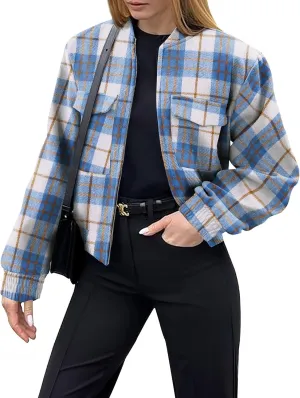 Zeagoo Womens Cropped Jacket Stand Collar Long Sleeve Zip Up Shackets Bomber Jacket Coats with Pockets