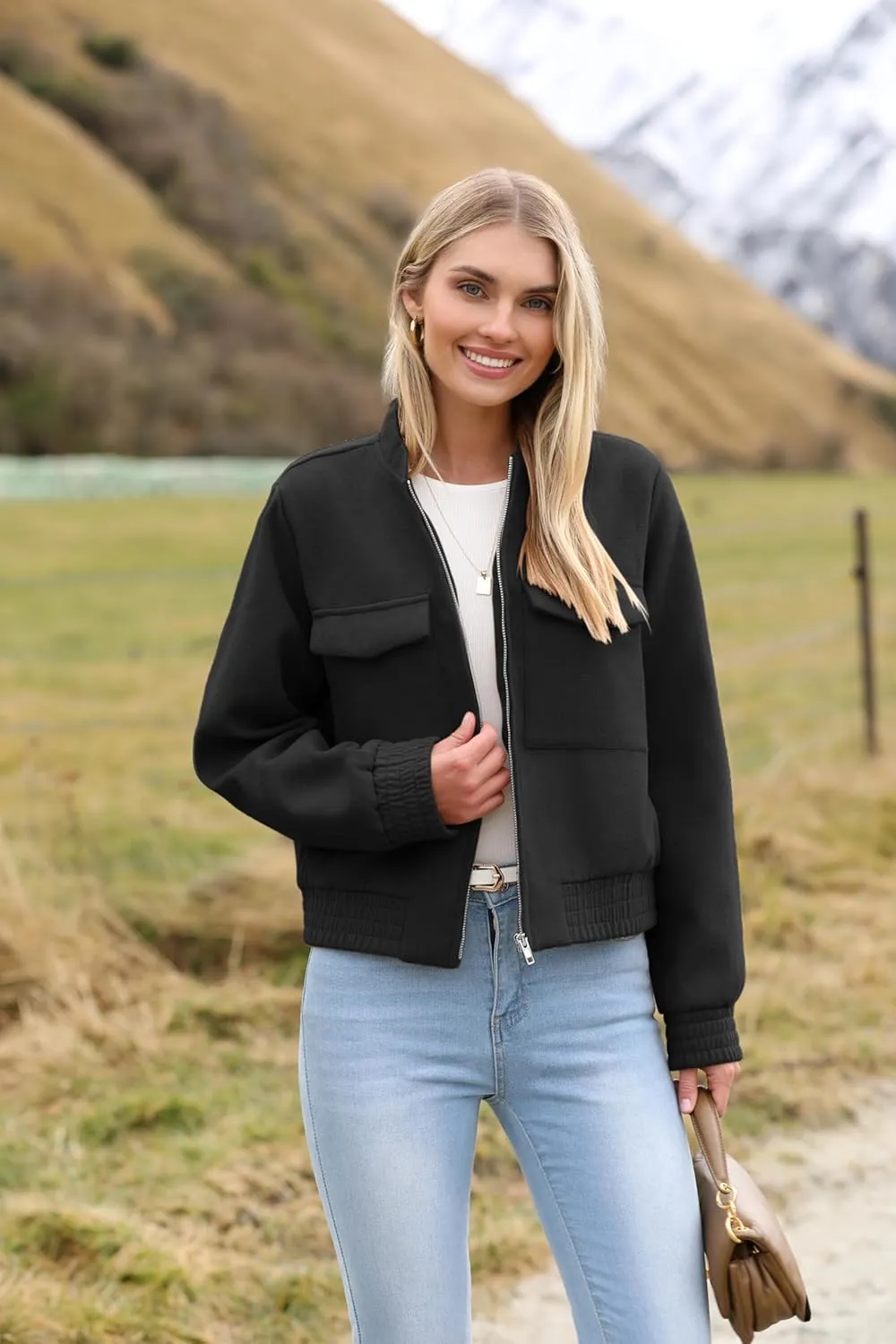 Zeagoo Womens Cropped Jacket Stand Collar Long Sleeve Zip Up Shackets Bomber Jacket Coats with Pockets