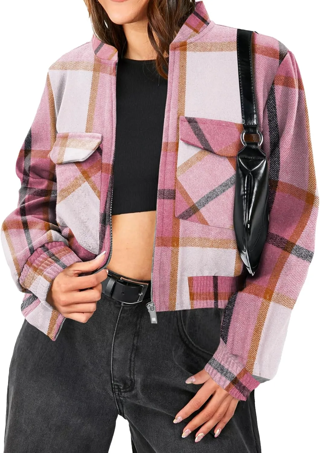 Zeagoo Womens Cropped Jacket Stand Collar Long Sleeve Zip Up Shackets Bomber Jacket Coats with Pockets