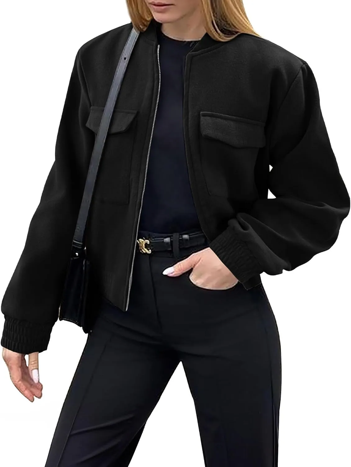Zeagoo Womens Cropped Jacket Stand Collar Long Sleeve Zip Up Shackets Bomber Jacket Coats with Pockets