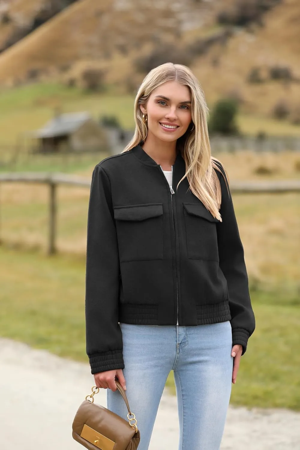 Zeagoo Womens Cropped Jacket Stand Collar Long Sleeve Zip Up Shackets Bomber Jacket Coats with Pockets