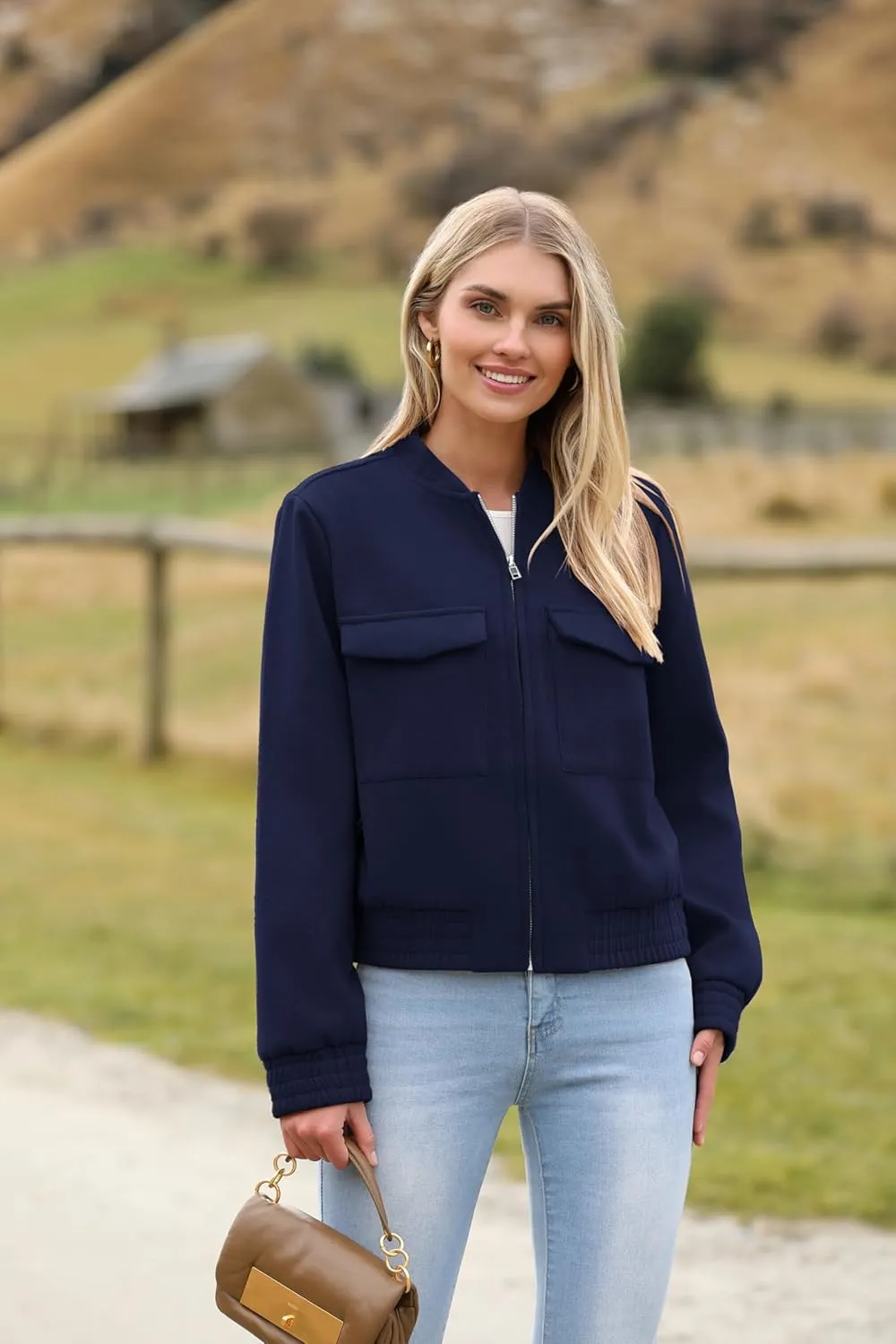 Zeagoo Womens Cropped Jacket Stand Collar Long Sleeve Zip Up Shackets Bomber Jacket Coats with Pockets