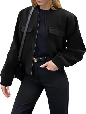 Zeagoo Womens Cropped Jacket Stand Collar Long Sleeve Zip Up Shackets Bomber Jacket Coats with Pockets