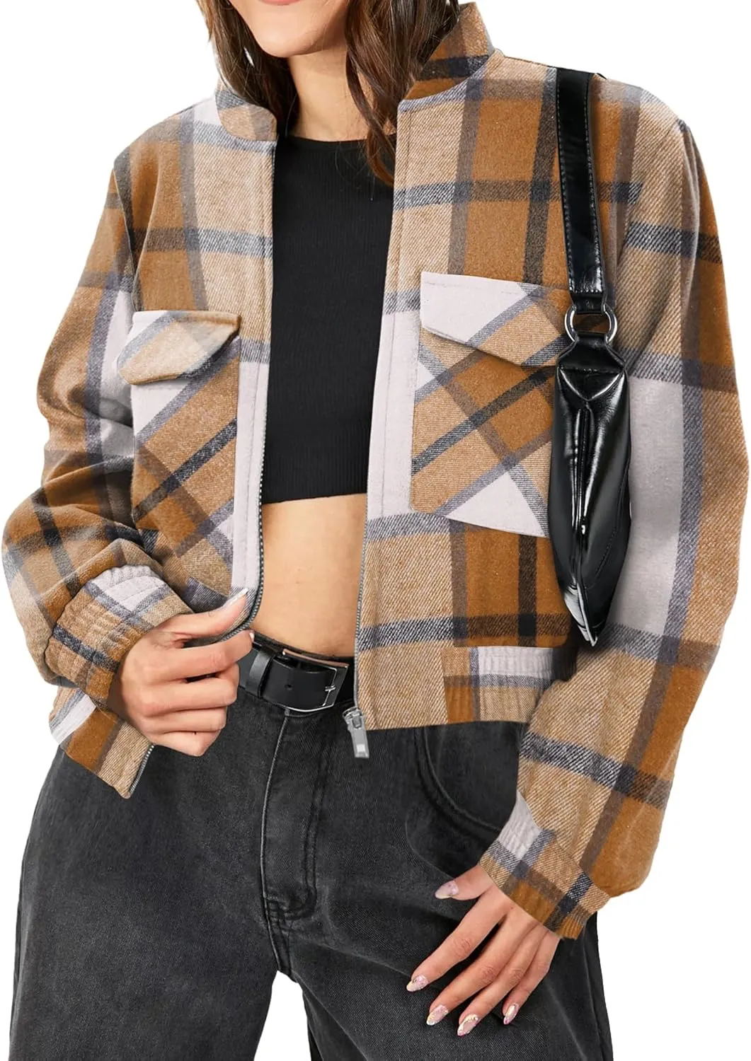 Zeagoo Womens Cropped Jacket Stand Collar Long Sleeve Zip Up Shackets Bomber Jacket Coats with Pockets