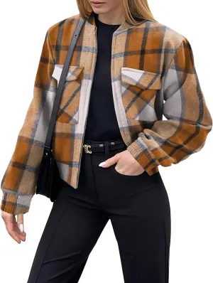 Zeagoo Womens Cropped Jacket Stand Collar Long Sleeve Zip Up Shackets Bomber Jacket Coats with Pockets