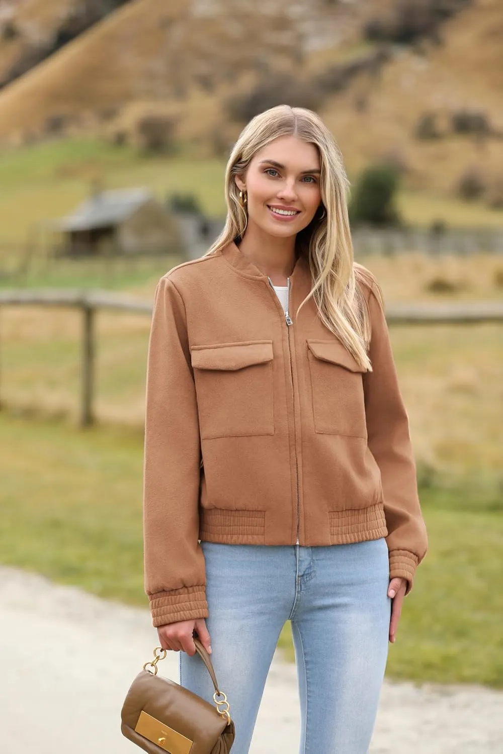 Zeagoo Womens Cropped Jacket Stand Collar Long Sleeve Zip Up Shackets Bomber Jacket Coats with Pockets