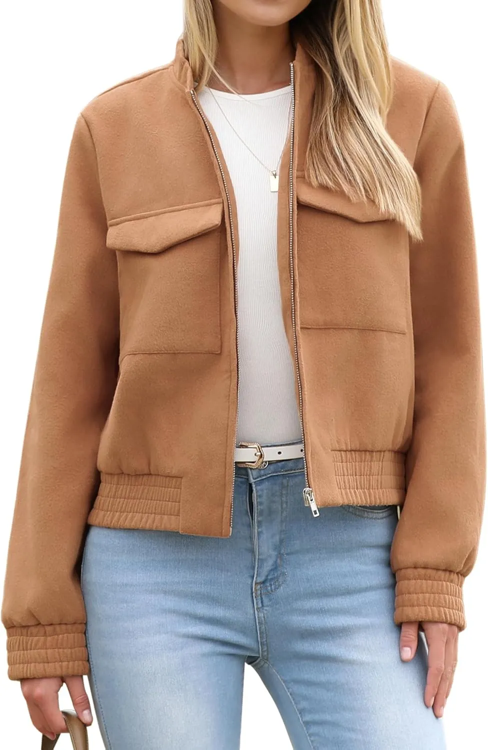 Zeagoo Womens Cropped Jacket Stand Collar Long Sleeve Zip Up Shackets Bomber Jacket Coats with Pockets