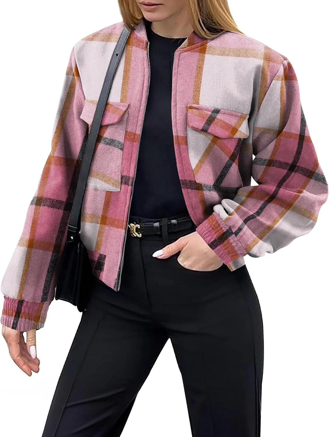 Zeagoo Womens Cropped Jacket Stand Collar Long Sleeve Zip Up Shackets Bomber Jacket Coats with Pockets
