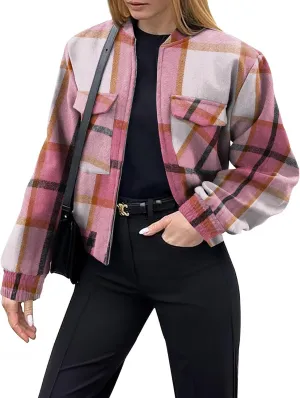 Zeagoo Womens Cropped Jacket Stand Collar Long Sleeve Zip Up Shackets Bomber Jacket Coats with Pockets