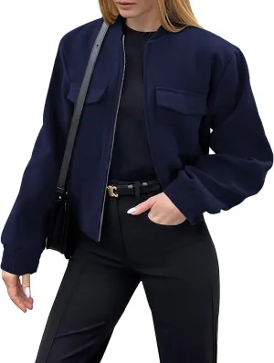 Zeagoo Womens Cropped Jacket Stand Collar Long Sleeve Zip Up Shackets Bomber Jacket Coats with Pockets