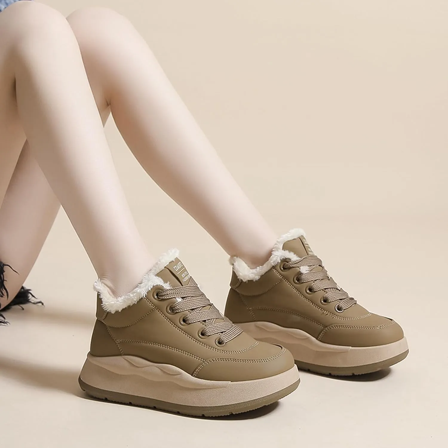 Zeberfi Women's Platform Fur Lined Leather Casual Snow Boots Winter Warm Lace Up Round-Toe Thick Soft Sole Fashion Sneakers Waterproof Lightweight Comfortable Walking Shoes
