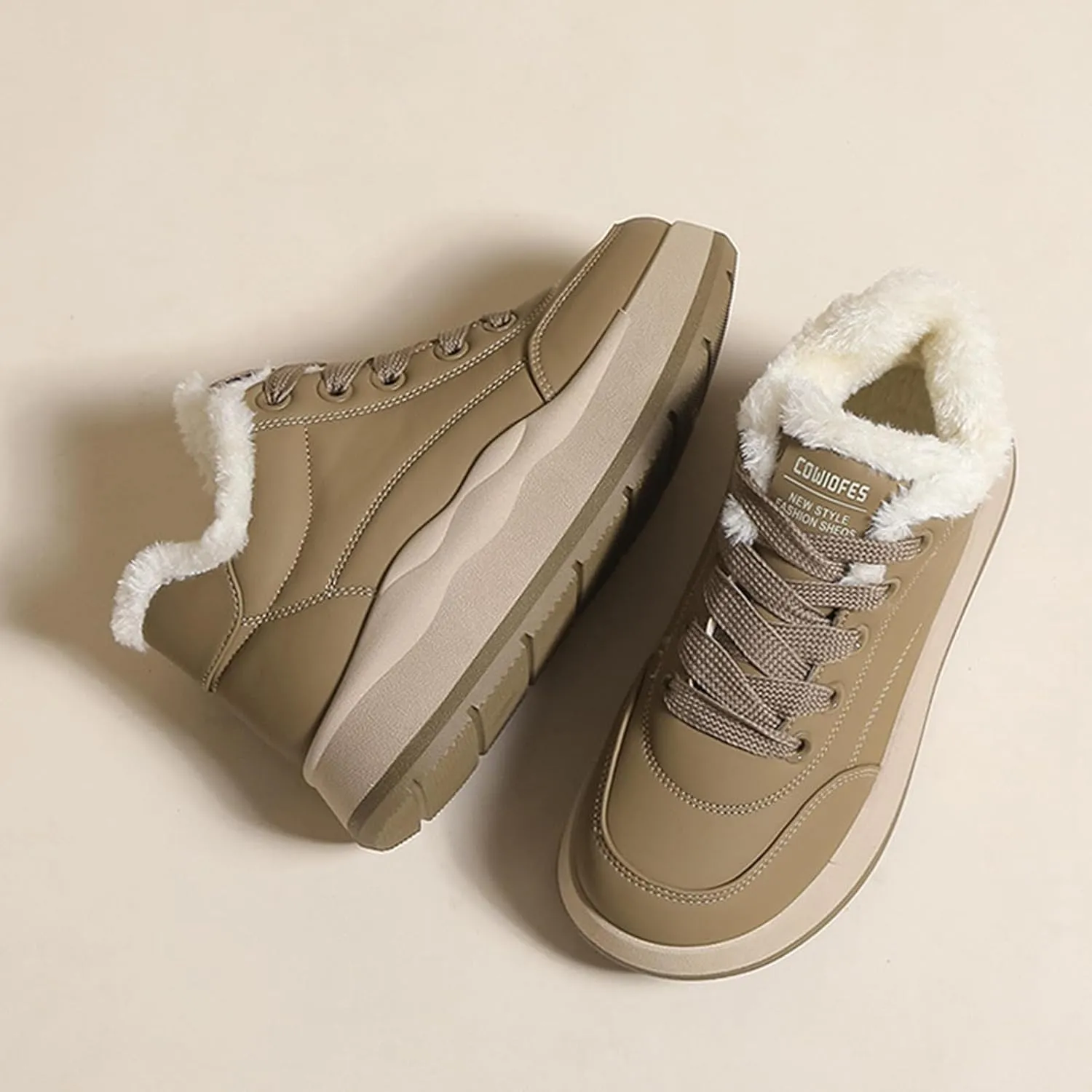 Zeberfi Women's Platform Fur Lined Leather Casual Snow Boots Winter Warm Lace Up Round-Toe Thick Soft Sole Fashion Sneakers Waterproof Lightweight Comfortable Walking Shoes