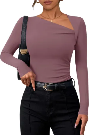 ZESICA Women's Long Sleeve Tops 2025 Spring Asymmetrical Neck Slim Fitted Sexy Y2K Knit Shirts Clothes