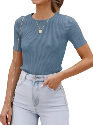 ZESICA Women's Short Sleeve Crewneck T Shirt 2025 Summer Ribbed Knit Slim Fit Basic Solid Color Tee Tops