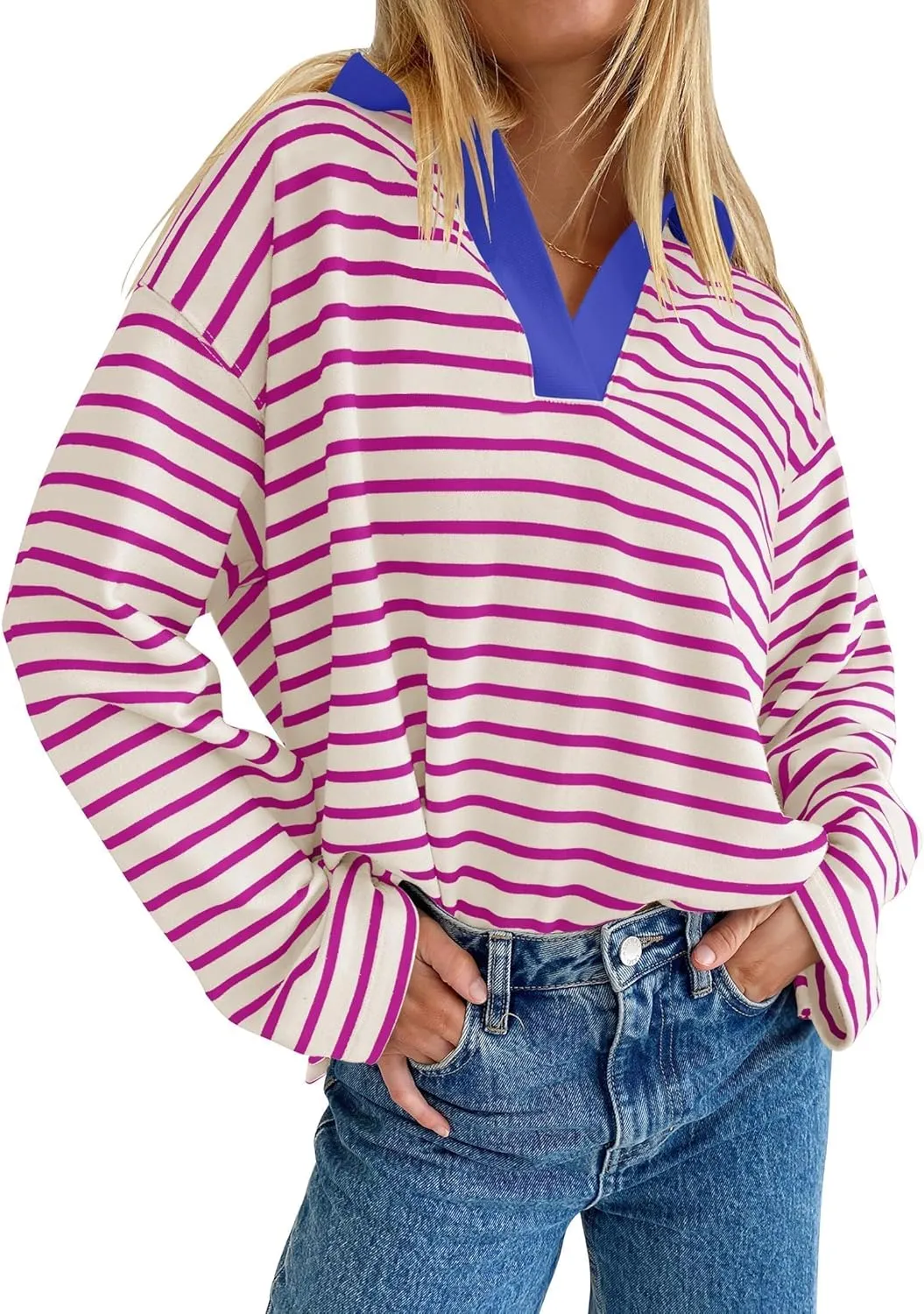 ZESICA Womens Striped Long Sleeve Tops Oversized Sweatshirt V Neck Loose Fit Tunic Tops Spring Casual Blouses