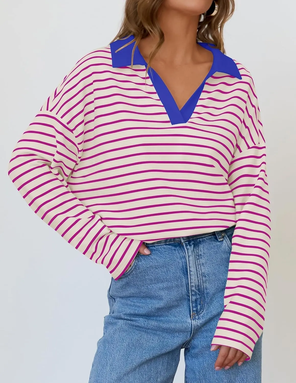 ZESICA Womens Striped Long Sleeve Tops Oversized Sweatshirt V Neck Loose Fit Tunic Tops Spring Casual Blouses