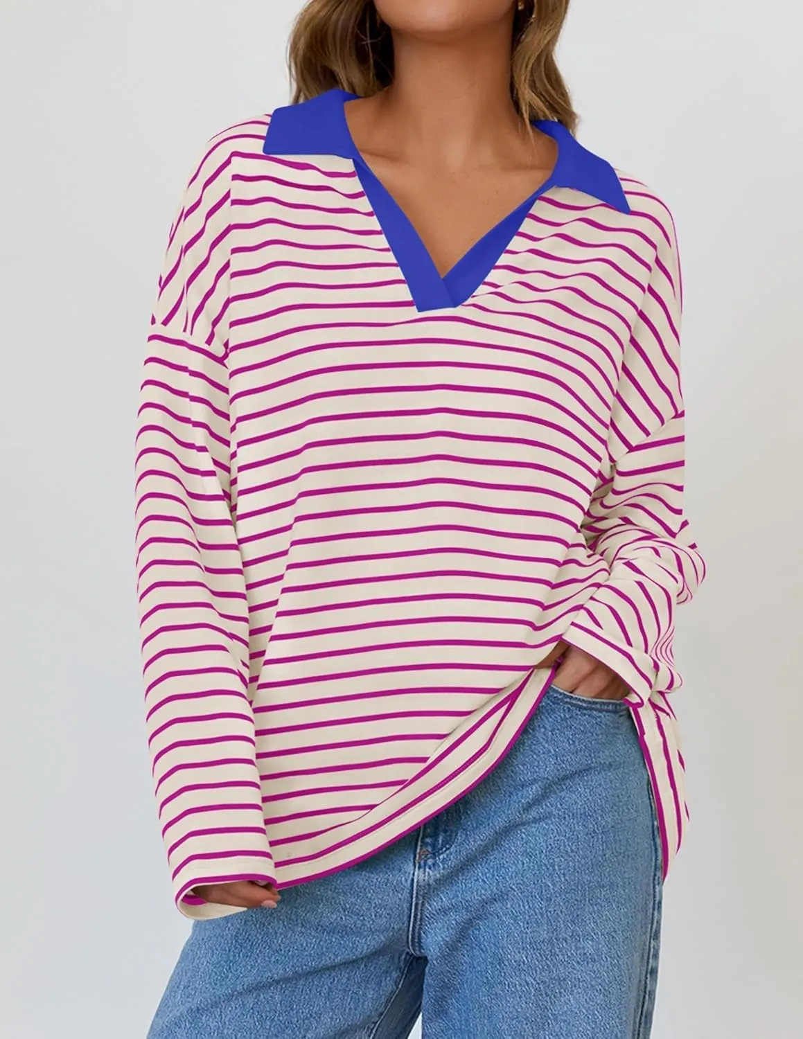 ZESICA Womens Striped Long Sleeve Tops Oversized Sweatshirt V Neck Loose Fit Tunic Tops Spring Casual Blouses