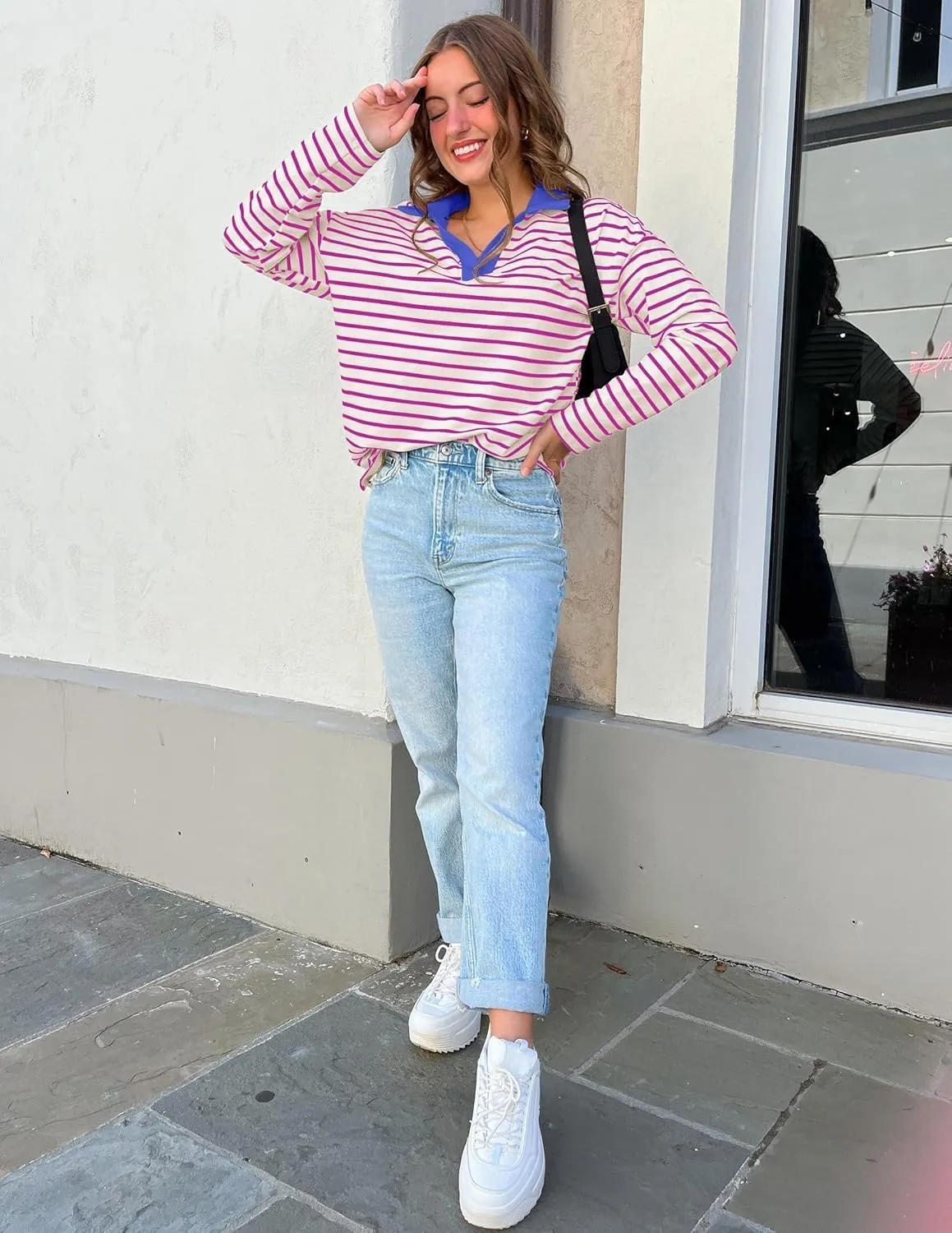 ZESICA Womens Striped Long Sleeve Tops Oversized Sweatshirt V Neck Loose Fit Tunic Tops Spring Casual Blouses