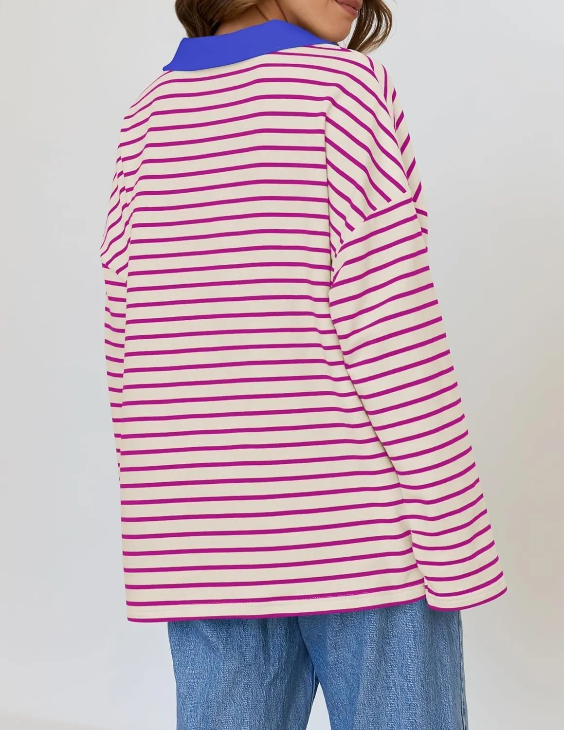 ZESICA Womens Striped Long Sleeve Tops Oversized Sweatshirt V Neck Loose Fit Tunic Tops Spring Casual Blouses